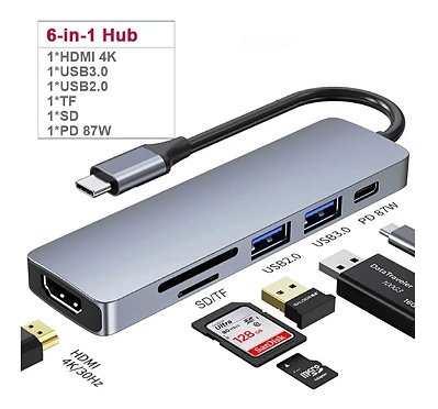 Hub Usb Tipo C 6 Em 1 Hdmi Usb C Leitor Compativel Macbook