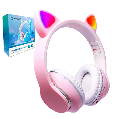 Fone De Ouvido Bluetooth Gatinho Cartão Micro Rgb Rosa