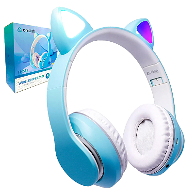 Fone De Ouvido Bluetooth Gatinho Cartão Micro Rgb Azul