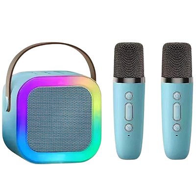Caixa De Som Bluetooth Karaoke Portátil 2 Microfones Azul