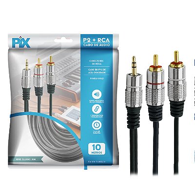 Cabo P2+Rca Fitz P2 EstereoX2 Rca Macho Plug Metal 10 Metros