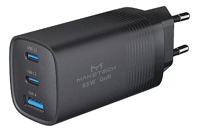 Carregador 2x Usb-C 1x Usb 65w Gan Cm-6553 Maketech Preto