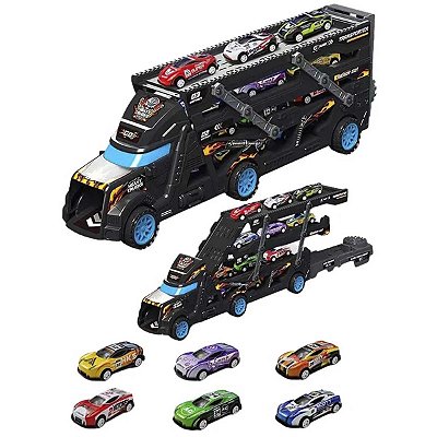 Caminhão Cegonha Preto Carrinhos Fricção Coleção 8 Carrinhos