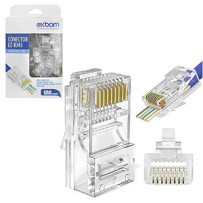 Kit 100 Conector Rj45 Vazado de Passagem Cat5E Ez Crimp
