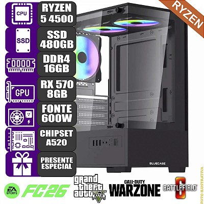 Computador Pc Gamer Mdi Ryzen 5 4500 16GB Rx570 8GB 480GB