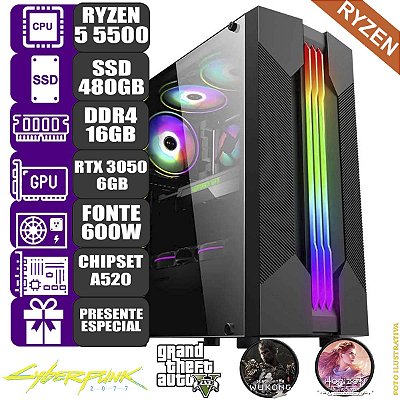 Computador Pc Gamer Mdi Ryzen 5 5500 16GB Rtx3050 6GB 480GB