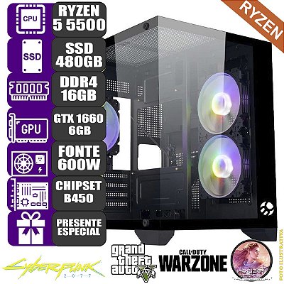 Computador Pc Gamer Mdi Ryzen 5 5500 16GB GTX1660S 6GB 480GB