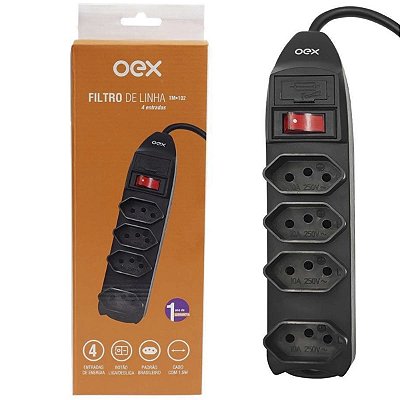 Filtro Linha Proteção Elétrica 4 Entradas Preto OEX TM102pr