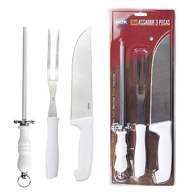 Kit Do Assador Churrasco Faca 9" Garfo E Chaira Mor 3310