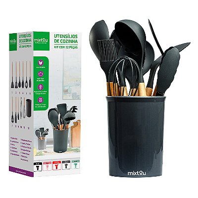 Kit 12 Espátulas Concha Pegador Silicone Cozinha Cinza