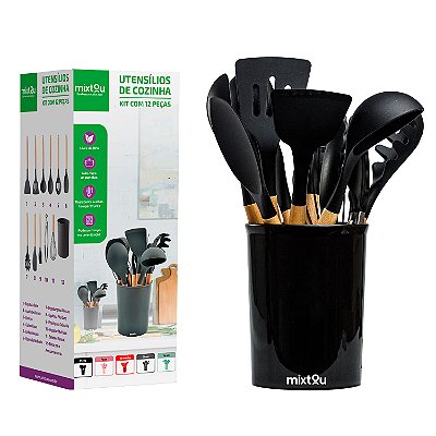 Kit 12 Espátulas Concha Pegador Silicone Cozinha Preto