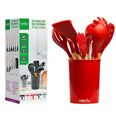 Kit 12 Espátulas Concha Pegador Silicone Cozinha Vermelho