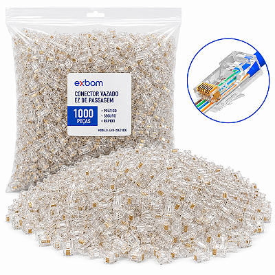 Kit 1000 Conector Cabo Rede EzRj45 Vazado Passagem Cat5e/6