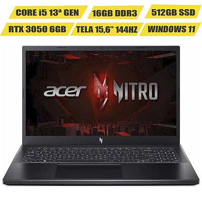 Notebook Acer Nitro V15 i5 16GB SSD 512GB RTX3050 144Hz W11