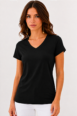 Blusa Feminina Lisa Gola V Manga Curta Preta Basic