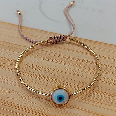 Pulseira canutilhos banhado a ouro com olho grego de madrepérola