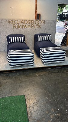 Conjunto Puff M Standard + 2 Peseiras + 2 Almofadas azul marinho e acessorios listrados