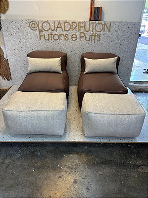 Conjunto Puff M Standard + 2 Peseiras + 2 Almofadas Marrom e acessórios bege estampados 309