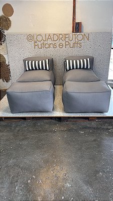 Conjunto Puff M Standard + 2 Peseiras cor cinza + 2 Almofadas cinza listrada