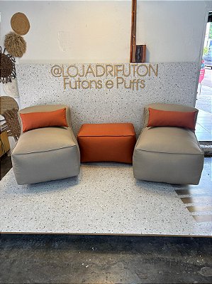 Conjunto Puff M Standard cor caqui 317 + 1 Peseira + 2 Almofadas terra cota