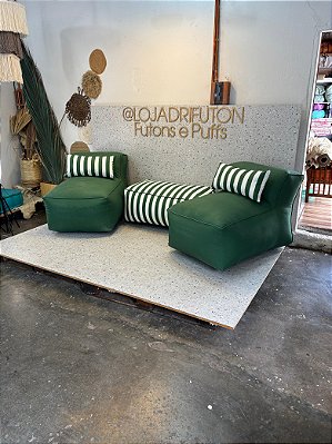 Conjunto Puff M Standard Cor Verde 333+ 1 Peseira + 2 Almofadas Verdes listradas