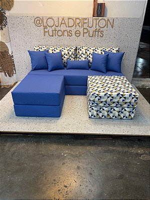 Futon Smooth Duplo + Futons Modulares + Acessorios Combinação Azul Royal com Azul Geometrico