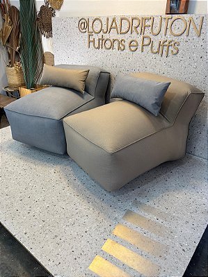 Conjunto Puff M Standard Caqui e Cinza + 2 Almofadas Cinza e Caqui