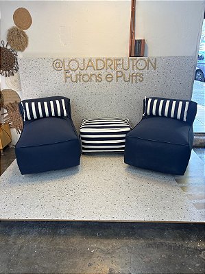Conjunto Puff M Standard Azul Marinho+ 1 Peseira + 2 Almofadas Listradas