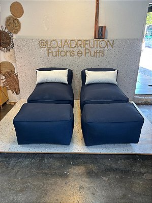 Conjunto Puff M Standard + 2 Peseiras cor marinho + 2 Almofadas off white