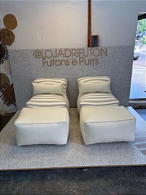 Conjunto Puff P Standard Bege Listrado+ 2 Peseiras + 2 Almofadas Bege