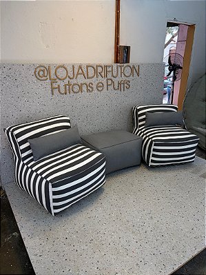 Conjunto Puff P Standard + 1 Peseira + 2 Almofadas Cinza Listrado