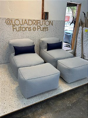 Conjunto Puff M Premium+ 2 Peseiras + 2 Almofadas Cinza
