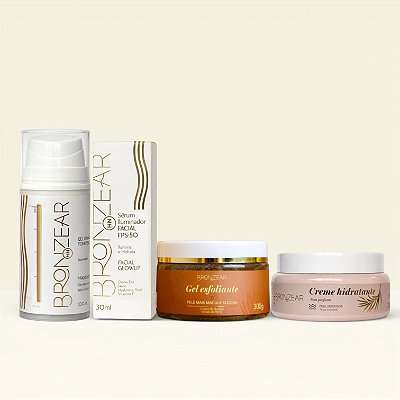 Kit Sérum Iluminador Facial + Creme Hidratante + Gel Esfoliante 300g + Iluminador Tom Perolado - Bronzear HN