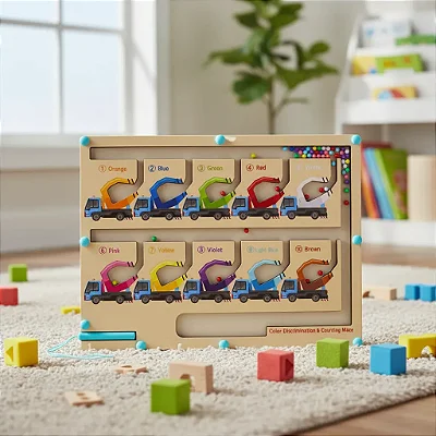 Labirinto Magnético de Madeira de Cores e Números – Brinquedo Educativo Infantil com Contagem e Coordenação