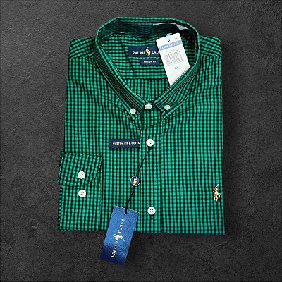 Camisa Xadrez Ralph Lauren Masculina Custom Fit Verde e Preto