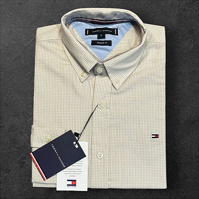 Camisa Xadrez Bege Gingham Tommy Hilfiger Masculina Regular Fit
