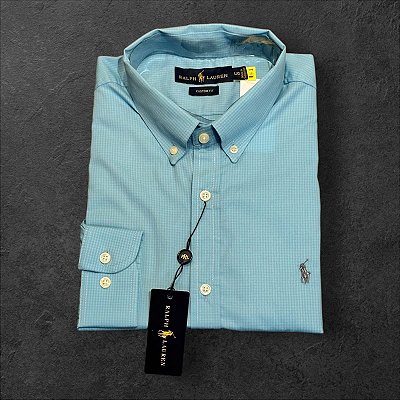 Camisa Xadrez Ralph Lauren Masculina Custom Fit Azul Claro