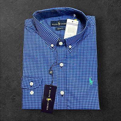 Camisa Xadrez Ralph Lauren Masculina Custom Fit Azul