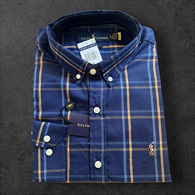 Camisa Xadrez Ralph Lauren Masculina Custom Fit Azul Marinho