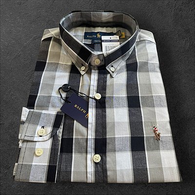 Camisa Xadrez Ralph Lauren Masculina Custom Fit Preto e Cinza