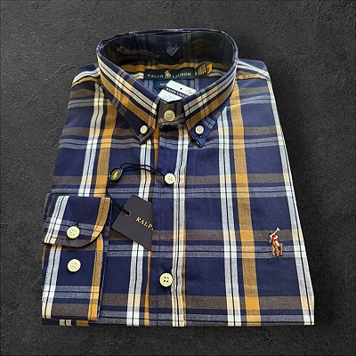 Camisa Xadrez Ralph Lauren Masculina Custom Fit Azul e Mostarda