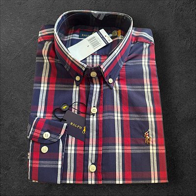 Camisa Xadrez Ralph Lauren Masculina Custom Fit Azul e Vermelho