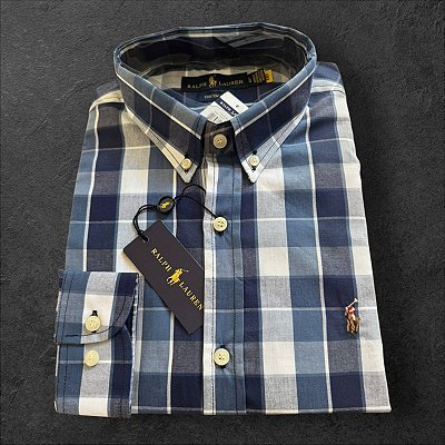Camisa Xadrez Ralph Lauren Masculina Custom Fit Azul e Branco