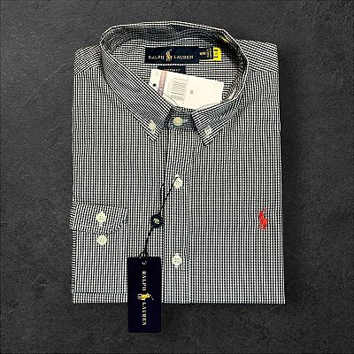 Camisa Xadrez Ralph Lauren Masculina Custom Fit Preto e Branco