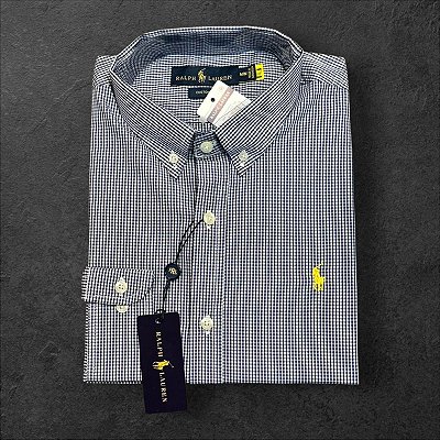 Camisa Xadrez Ralph Lauren Masculina Custom Fit Azul e Branco