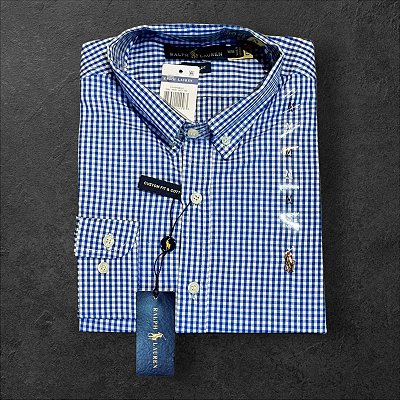 Camisa Xadrez Ralph Lauren Masculina Custom Fit Azul Royal