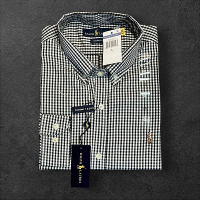 Camisa Xadrez Ralph Lauren Masculina Custom Fit Preto e Branco