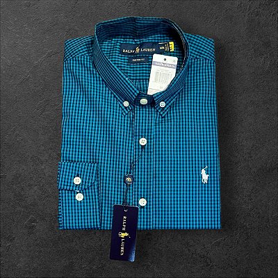 Camisa Xadrez Ralph Lauren Masculina Custom Fit Azul Turquesa
