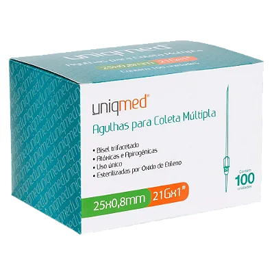 AGULHA COLETA MULTIPLA 25 X 0,8MM 21G UNIQMED CX 100 UN