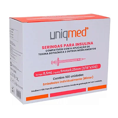 SERINGA INSULINA C/ AGULHA 0,5ML 5 X 0,23MM 32G UNIQMED CX 100 UN